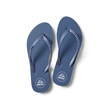 Top view of Seaside Twist women's sandals in vintage indigo with braided straps, showcasing comfort and beach-inspired design.