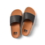Top view of Sydnee Cutback Low black and tan slides for women, featuring water-friendly design and soft footbed comfort.