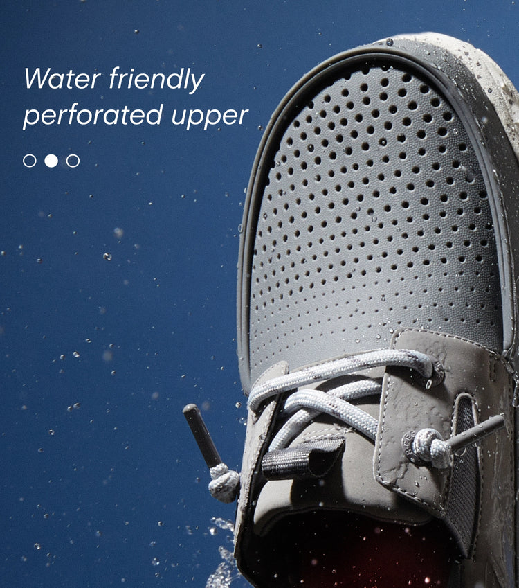 Text says: "water friendly perforated upper", image of top of shoe