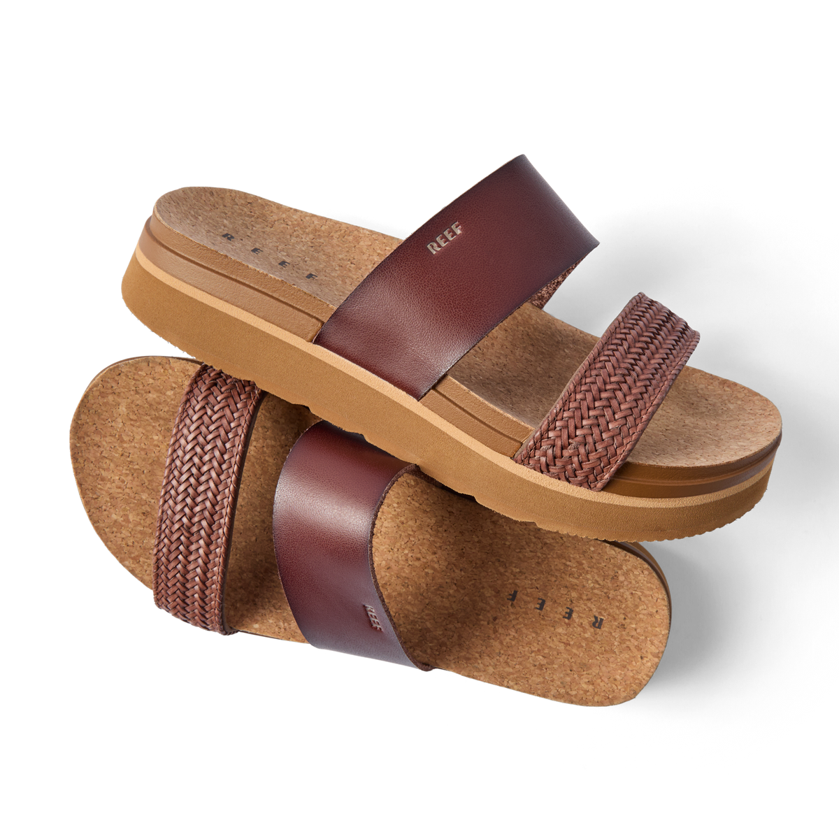 REEF Vista Hi 2 brown platform sandals facing right with braided straps and anatomical arch support