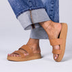 Vista Hi 2 sandal in natural tan, right foot facing forward, showcasing soft cushioning and arch support on a travel-ready casual look.