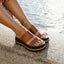 Vista Luxe Siaa women's brown sandals facing right, close-up of front straps with arch support by the water.