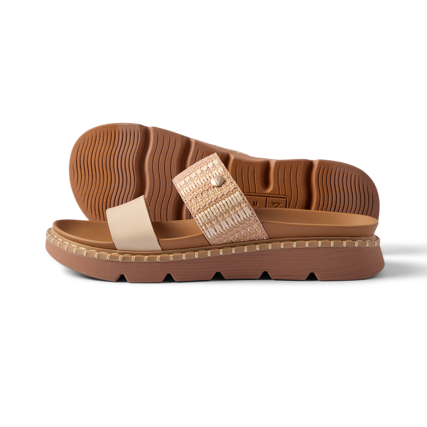 Vista Luxe Thea women's sandal shown from the side and bottom with cushioned sole and vegan leather straps