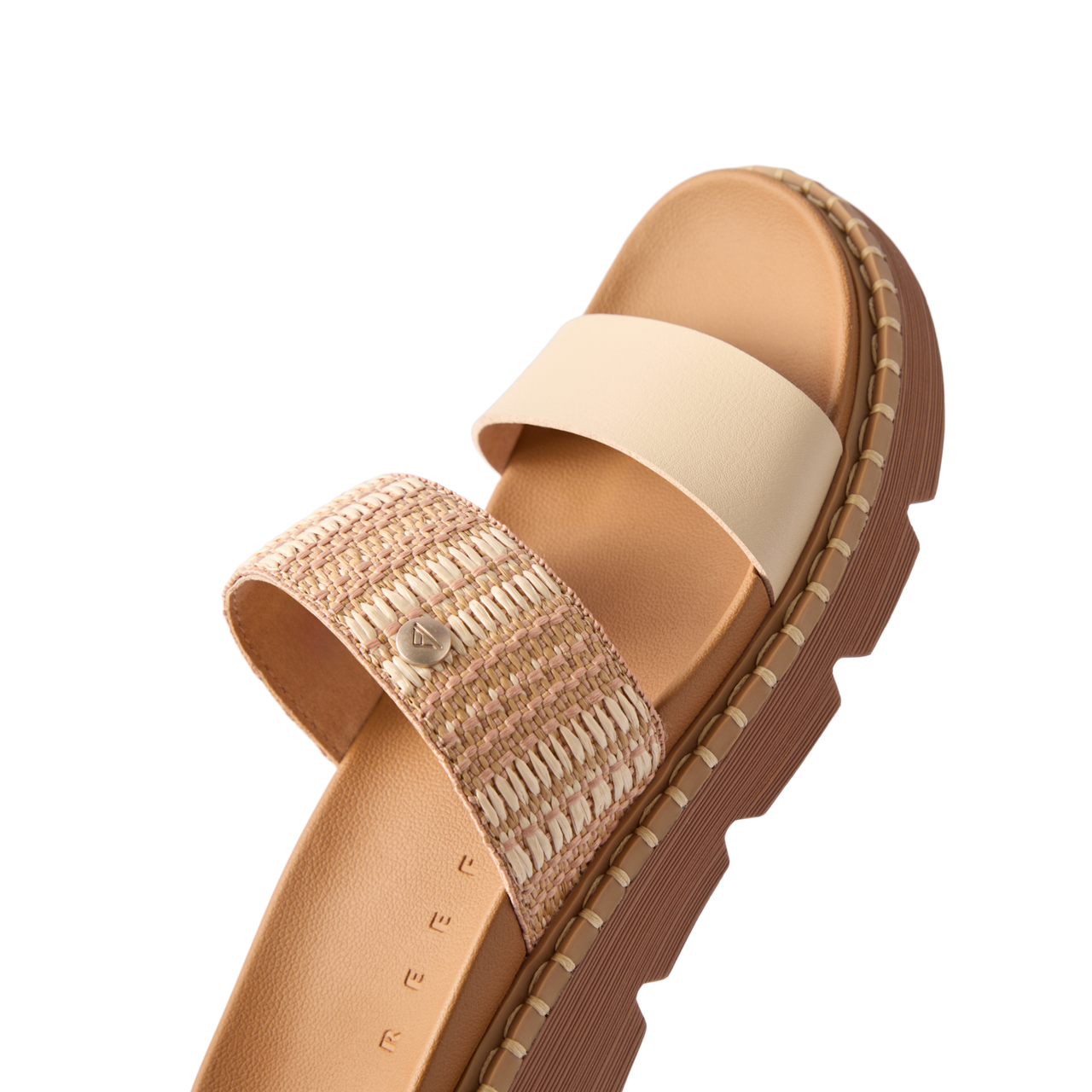 Vista Luxe Thea left-facing sandal close-up showing vegan leather straps and cushioned footbed with arch support