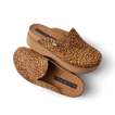 Vista Skye leopard print platform clogs one facing right and one facing left with cushioned footbeds