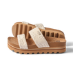 Side view of Cushion Vista Hi women's sandals with floral embroidered straps and cork footbed on ridged sole
