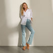 Vista Luxe Ava sandals facing forward on a model, featuring soft suede straps and cushioned arch support
