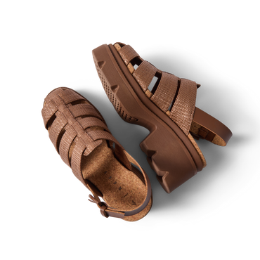 Vista Luxe Lucie women's sandals in chocolate raffia, showing top and outer side with platform sole facing right, comfort-focused design.