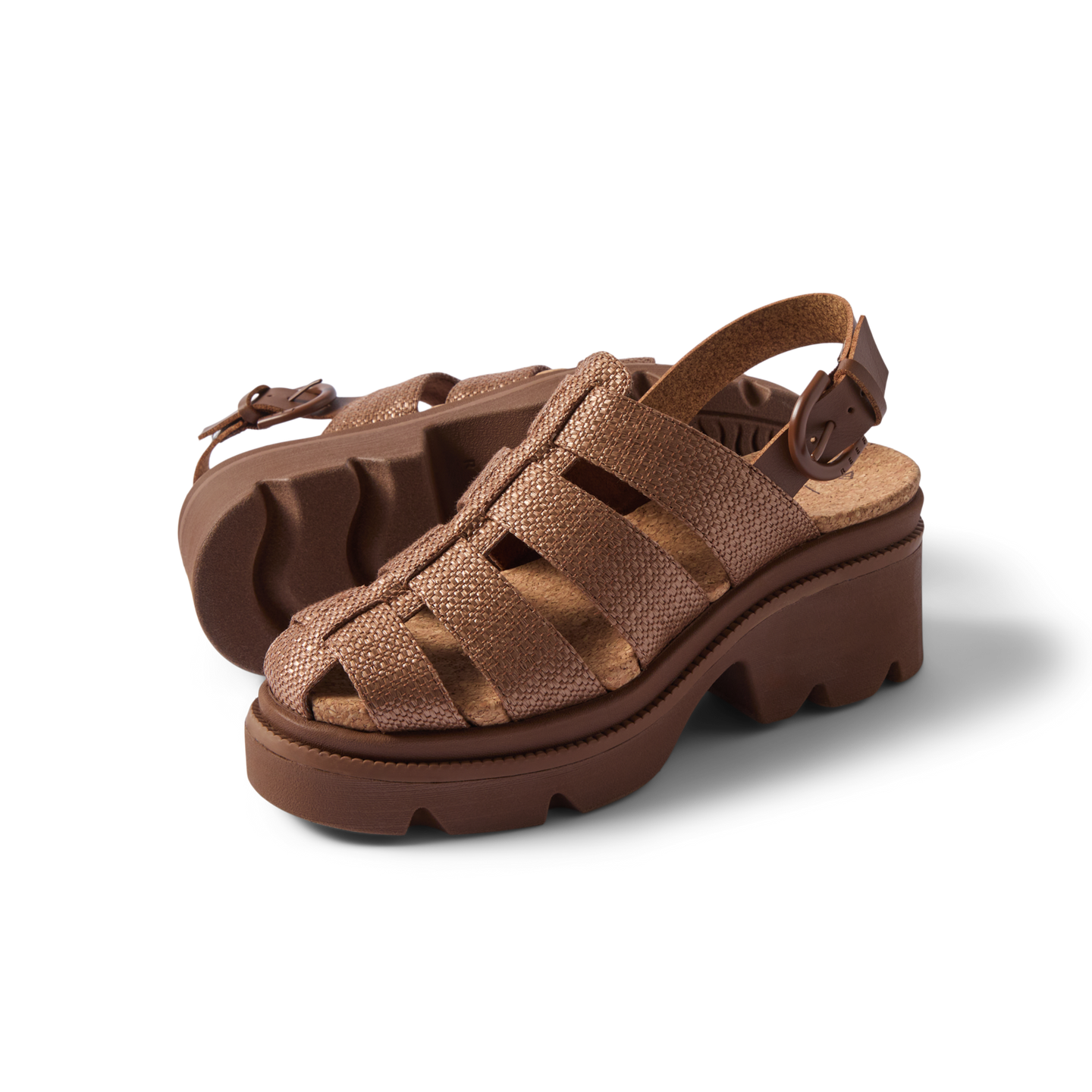 Vista Luxe Lucie women's sandal facing left, chocolate raffia with cushioned arch support, surf-inspired comfort design.