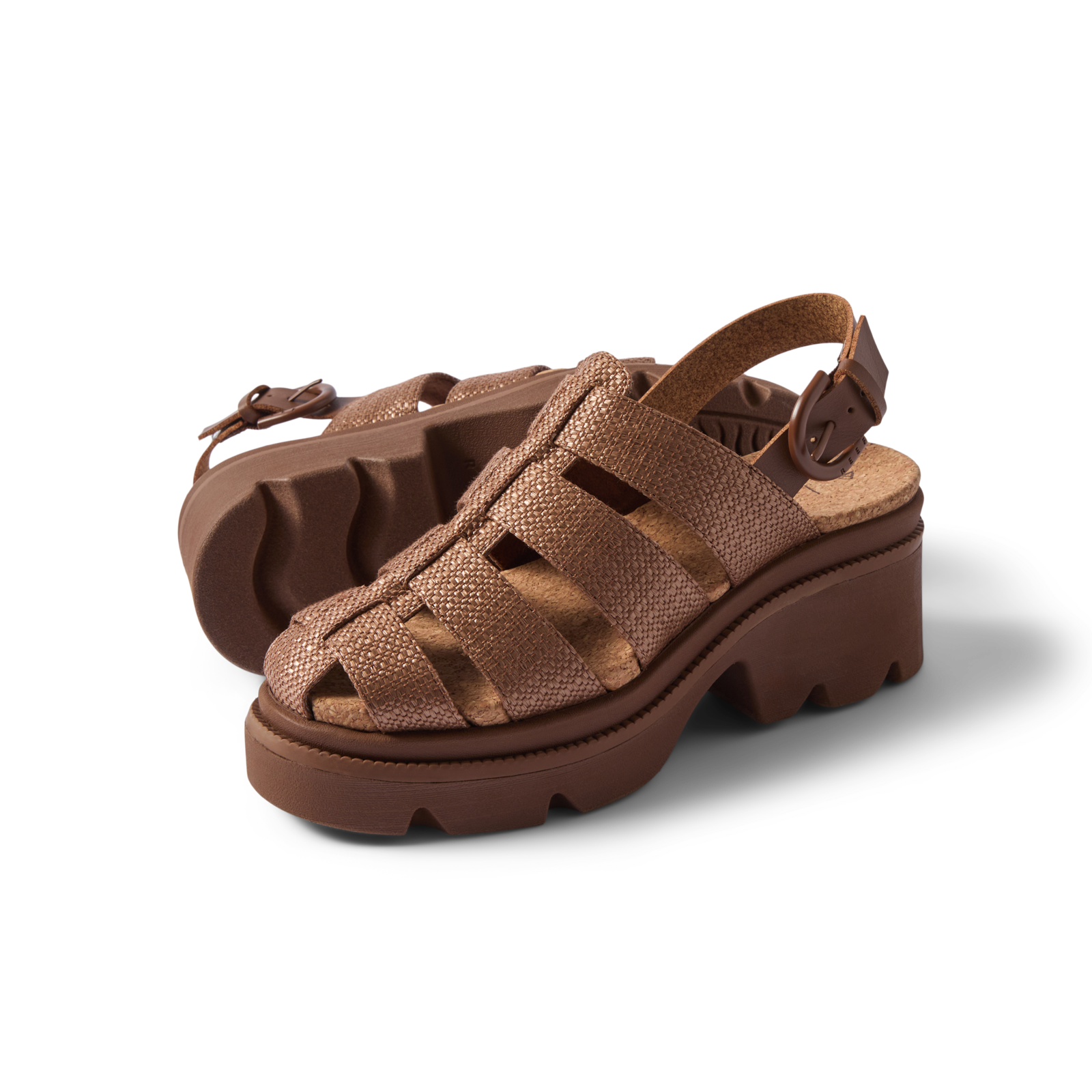 Vista Luxe Lucie women's sandal facing left, chocolate raffia with cushioned arch support, surf-inspired comfort design.