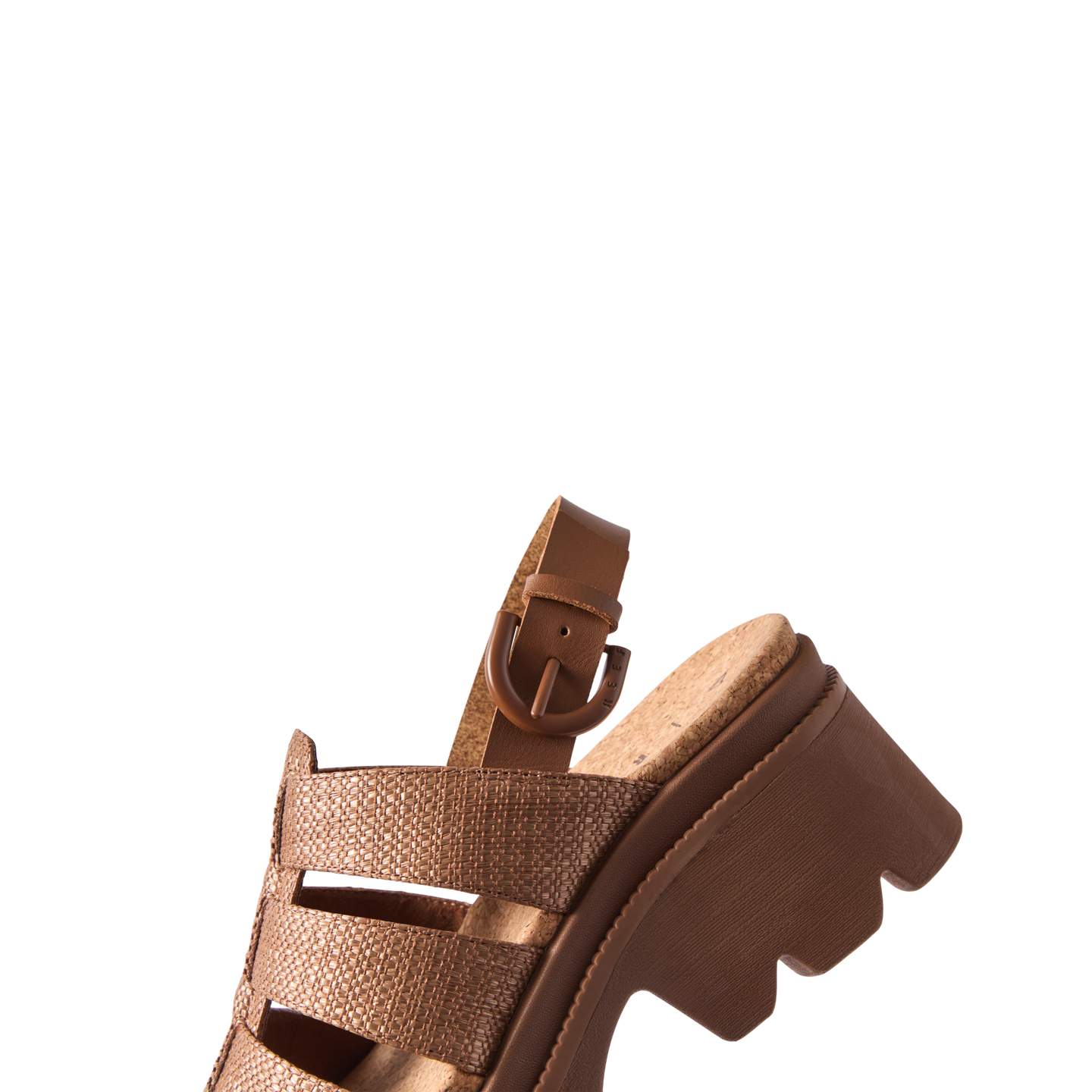 Vista Luxe Lucie women's sandal facing left, featuring chocolate raffia straps and comfort-focused cushioned sole.