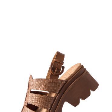 Vista Luxe Lucie women's sandal facing left, featuring chocolate raffia straps and comfort-focused cushioned sole.