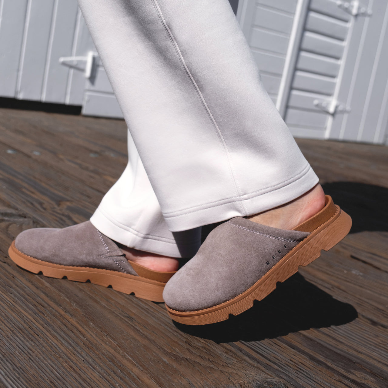 Vista Luxe Mariana clog in brown suede facing right, side view showing slip-on design with cushioned sole and arch support