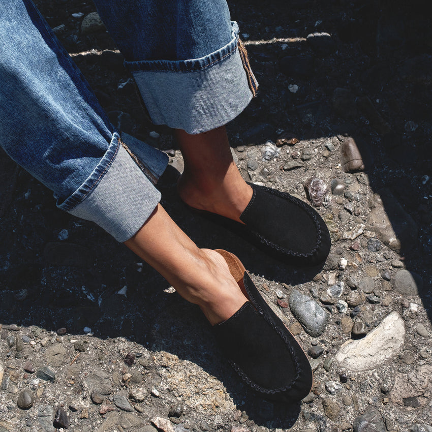 Vista Myra black clogs viewed from above, toes facing right, worn with rolled denim for everyday comfort