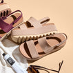 Pair of beige Water Vista Higher sandals facing right showing cushioned footbed and ridged platform sole