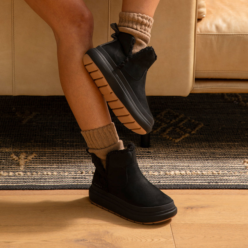 Weekend Autumn black ankle boots facing right, one shown from the side and one from the front for comfortable wear