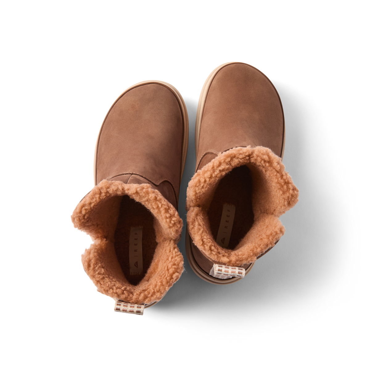 Weekend Autumn brown cozy shoes viewed from above with toes facing upward and fleece lined openings shown