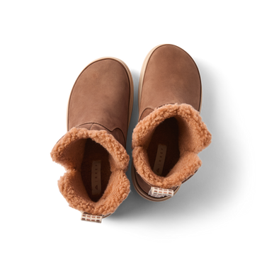 Weekend Autumn brown cozy shoes viewed from above with toes facing upward and fleece lined openings shown