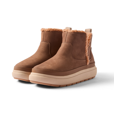 Weekend Autumn brown suede boots facing left with cozy lining and cushioned comfort for everyday wear