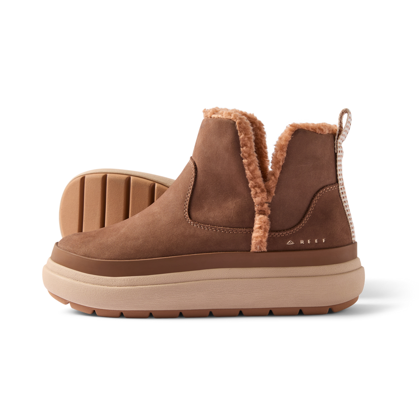 Weekend Autumn brown suede ankle boot facing left with plush lining and cushioned sole