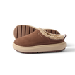 Side view of Weekend Low Brooke clog with brown leather upper, cushioned sole, and soft fleece lining facing left.