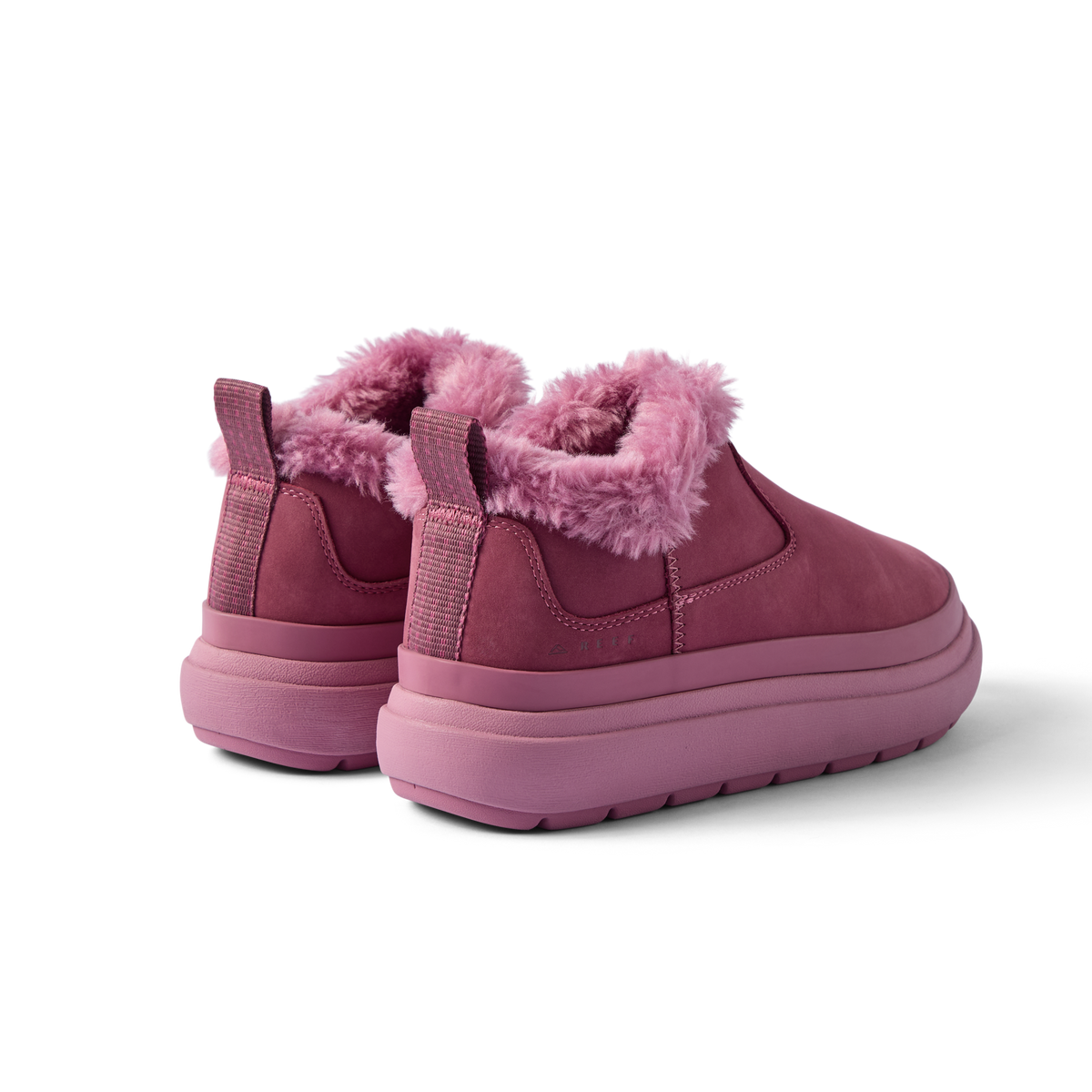 Weekend Olivia pink boots facing left rear with plush faux fur lining and cushioned sole for comfort and durability