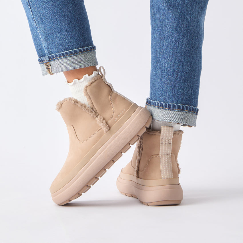 Weekend Autumn beige ankle boots shown in side and rear views, one facing left, with cushioned soles for everyday comfort