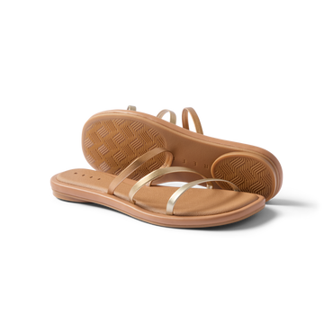Willow Ava women's tan sandals with metallic straps shown from side and bottom, lightweight and comfort-focused beach footwear