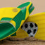 Fanning Slide facing left showing green and yellow water-friendly men's slide with cushioned footbed and soccer ball bottle opener sole detail.