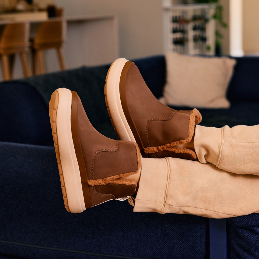 Weekend Autumn brown suede shoes facing left with cozy lining and cushioned soles for everyday comfort