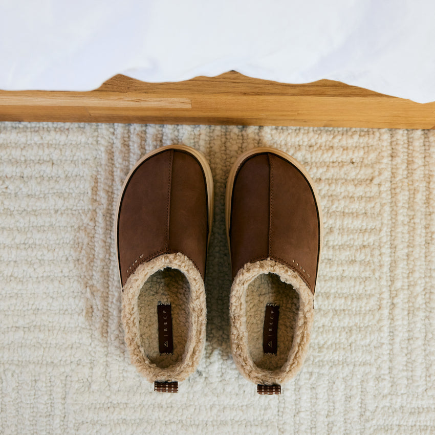 Weekend Low Brooke brown leather mules facing upward with cozy shearling lining