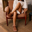 Weekend Olivia brown water resistant nubuck shoes with faux fur lining toes angled left and toward the viewer