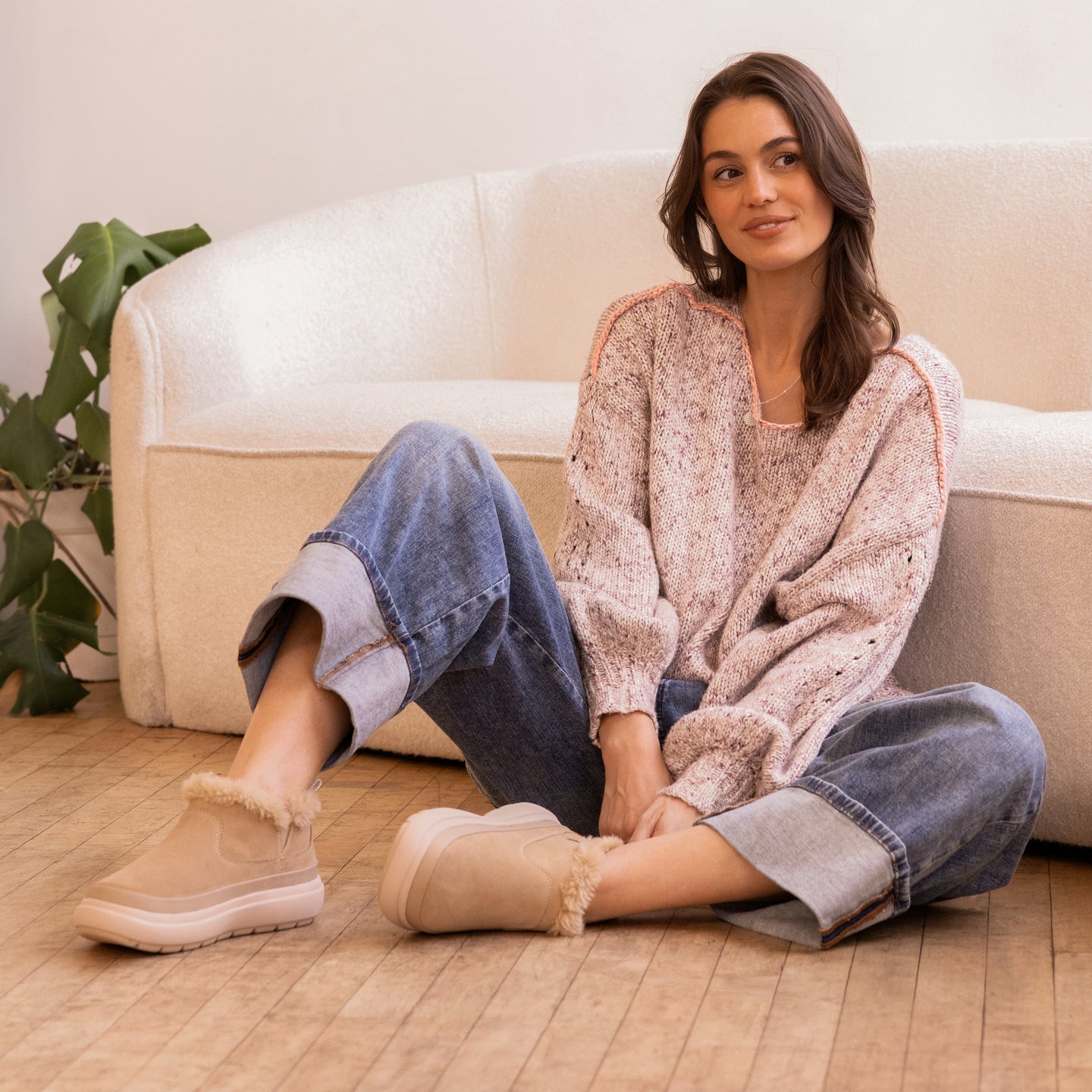 Weekend Olivia water resistant nubuck shoes with faux fur lining and grippy soles toes facing left