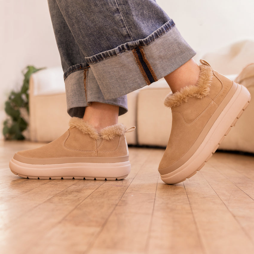 Weekend Olivia shoes side view, tan water-resistant nubuck with plush faux fur lining and lightweight sole, comfort focused