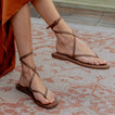 Willow Quinn Studs chocolate brown sandals shown from the side on a woman's feet, featuring comfort and arch support.