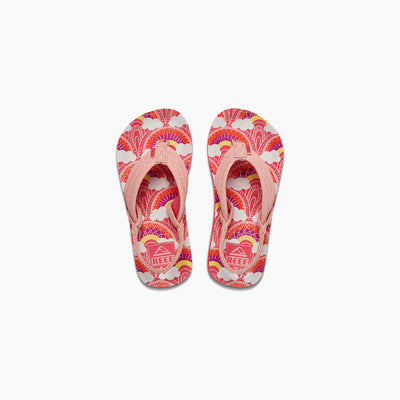 girls pink flip flops with colorful rainbows and clouds back strap