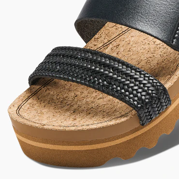 Cushion vista Hi platform sandal in black braid detail view 1