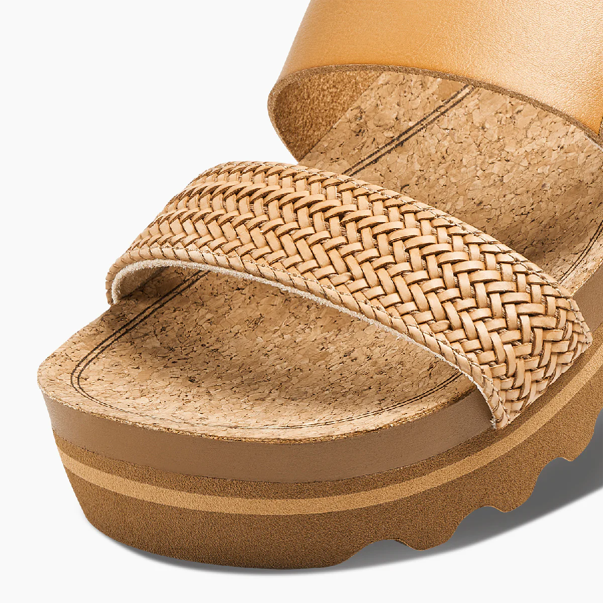 Cushion vista Hi platform sandal in natural braid detail view 1