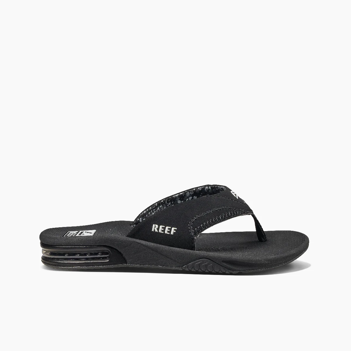 Womens Fanning flip flop sandals in black side view