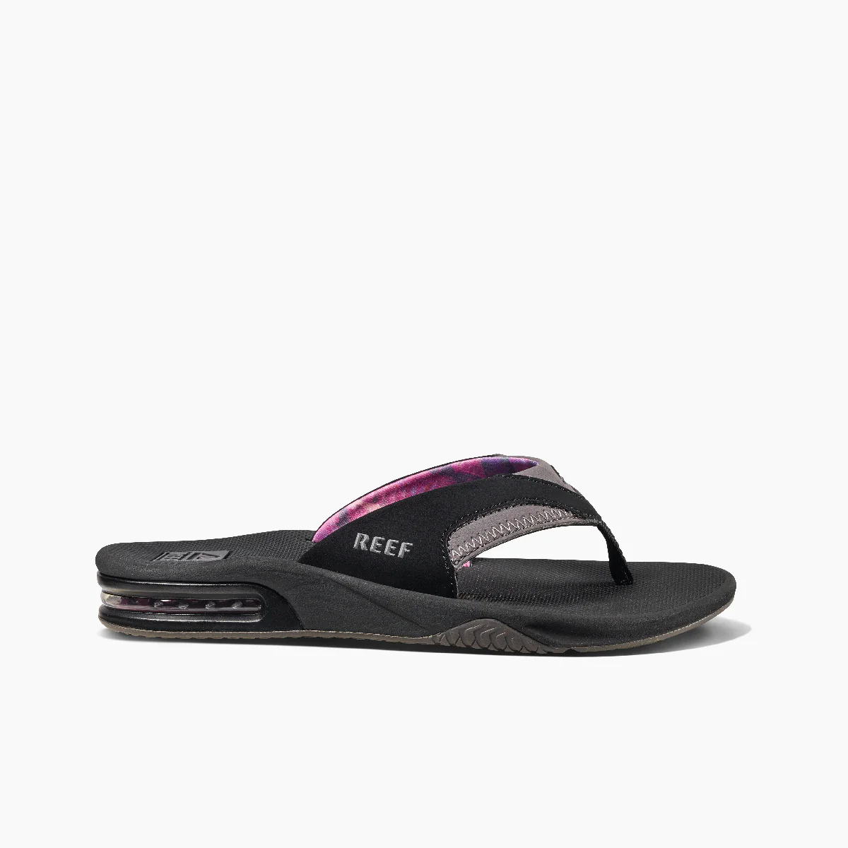 Womens Fanning flip flop sandals in black grey side view