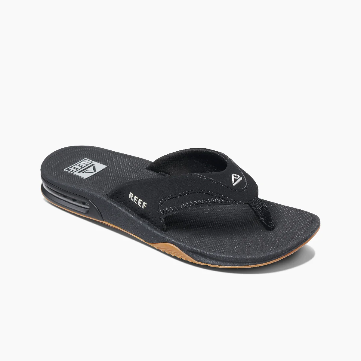 Mens Fanning flip flops in all black angle view